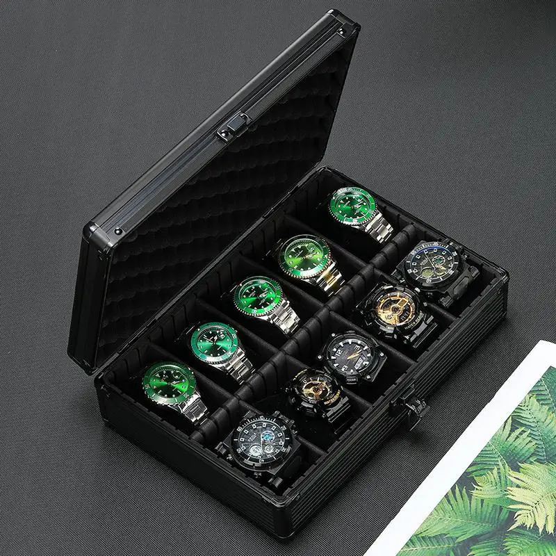 

Cross-border 5/10-Grids Aluminum Alloy Watch Storage Box Packaging Box Opaque Cover Movable Baffle with Soft Watch Pillow