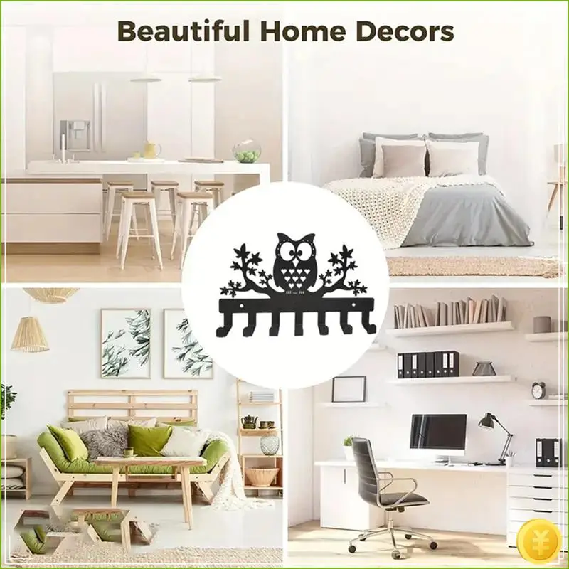 7 Hooks Metal Key Holder Owl Wall Mounted Key Holder Owl Key Hanger Leash Hanger Key Organizer Metal Key Hook view 4