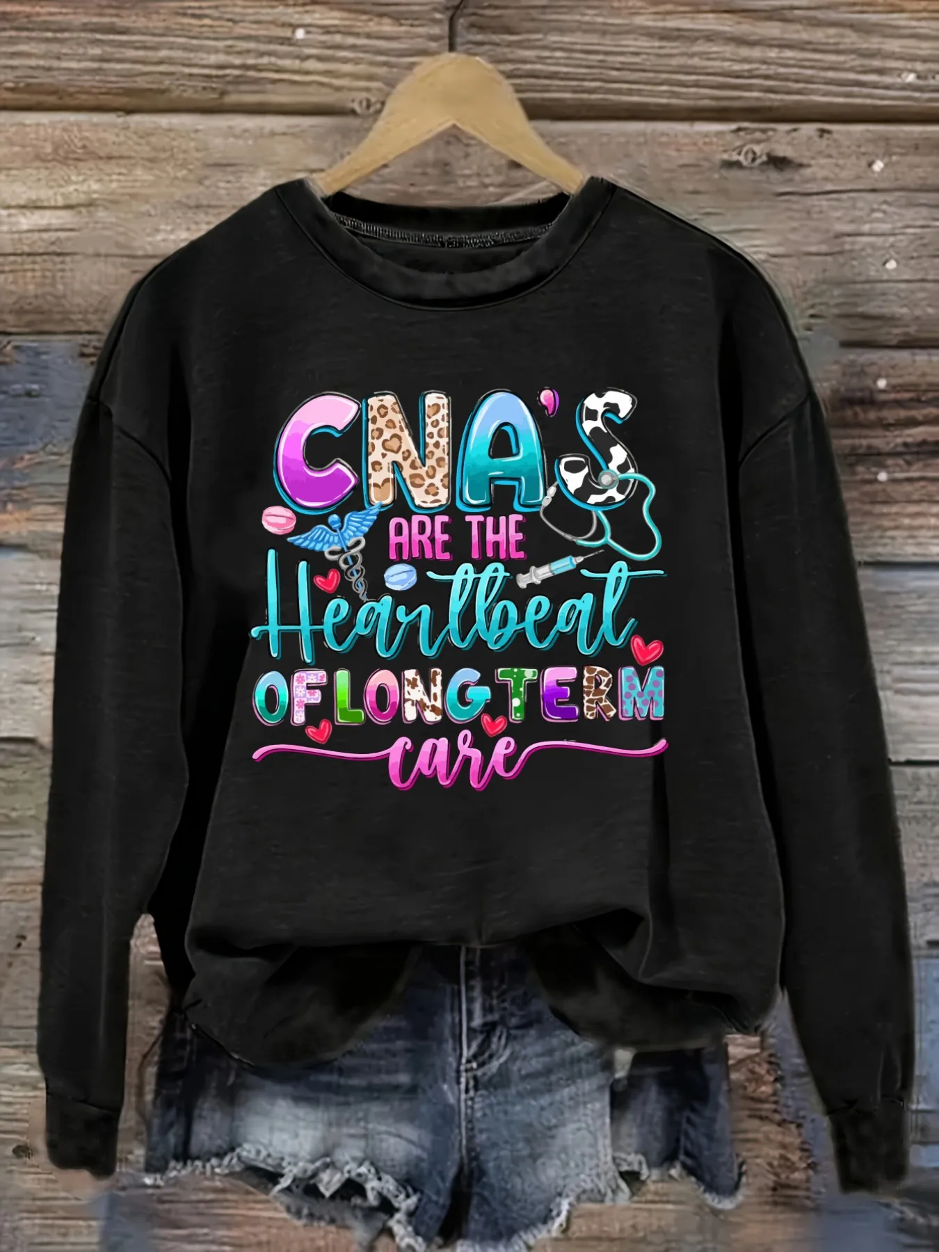 Women's Casual Long Sleeve Crew Neck T-Shirt Cna S Are The Heartbeat Of Longterm Care Design, Round Neck Women's Clothing, Machine Washable, Slightly Elastic, Loose Fit, Spring Autumn Winter Women's T-Shirt, Halloween Costume Outfit