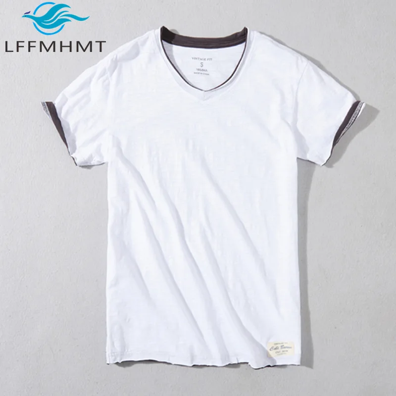 100% Cotton Men's Soft Comfortable V-neck White T-shirt Summer Fashion Good Quality Patchwork Short Sleeve Loose Casual Tee Tops
