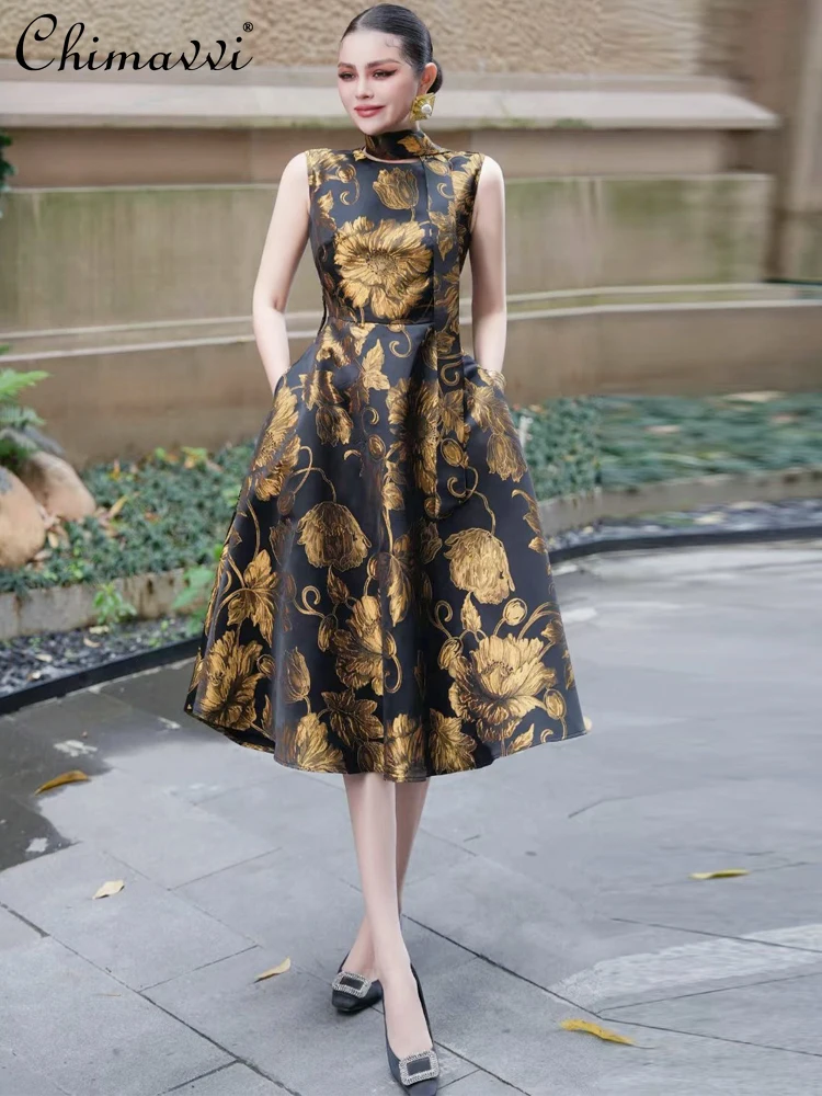 

French Elegant High-end Vintage Dresses Round Neck Sleeveless Lace-up Bow gold Jacquard High Waist Slim A-line Long Dress Women
