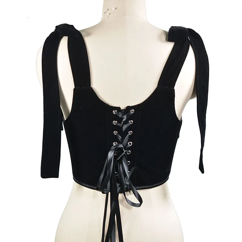 Goth Pentagram Black Camis Y2k Vintage Velvet Sexy Corset Tops Gothic Halter Backless Hollow Short Tops Basic halter top