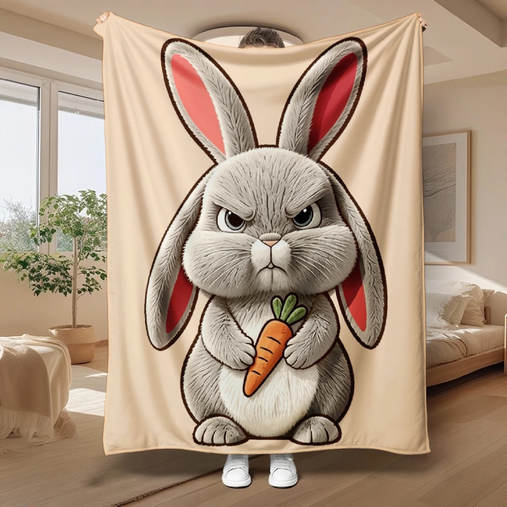 All-Season Flannel Blanket, 1pc, with Angry Rabbit Holding Carrot Print, Suitable for Family, Friends, Lovers, And Relatives, an