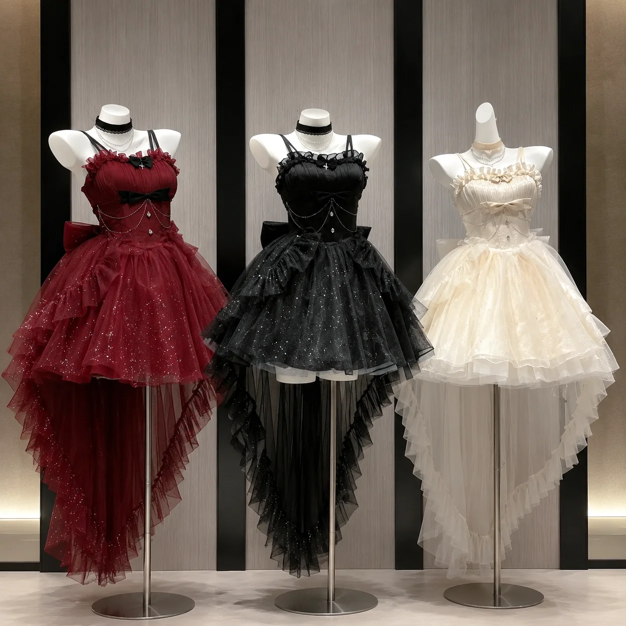 Gothic Red Lolita JSK Dress Women Spaghetti Strap Ruffle Tulle Skirt Chain Bow Decor High Low Hem Vintage Princess Party Dress