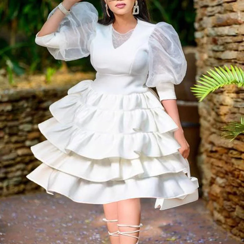 Moda feminina branca malha puff manga plissado em camadas vestidos de baile novas senhoras de verão vestido de festa clube s79