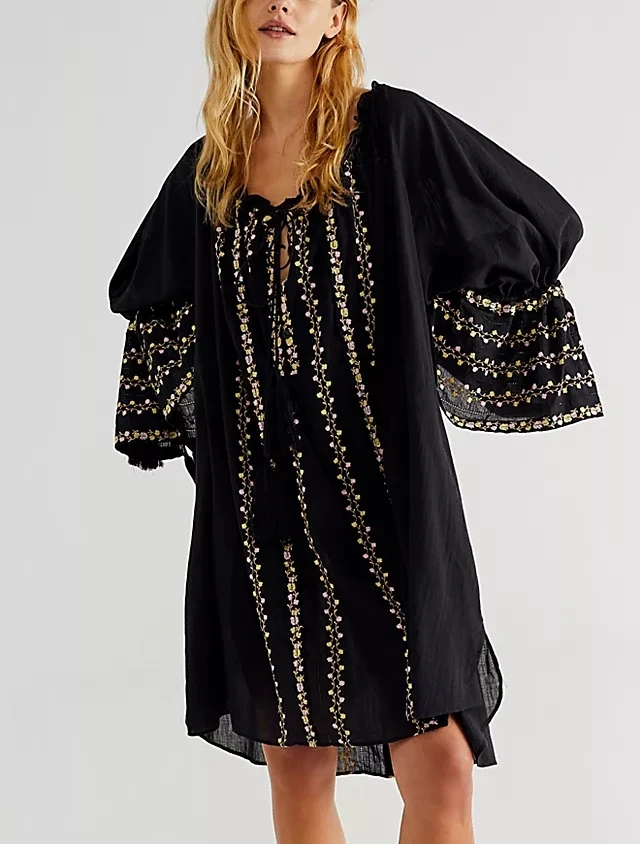 

TEELYNN Cotton Vintage Flare Sleeve Dresses Women Robe Bohemia Floral Embroidery Summer Dress 2023 Oversize Loose Boho Vestidos