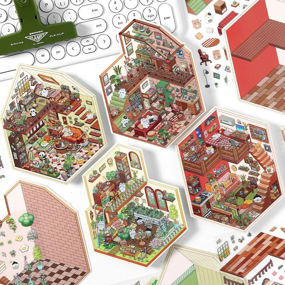 

4 упаковки/пакет, мультфильм «Мои маленькие домики», 3D наклейка с пейзажем и фоновой картой, сделай сам, подарок на день рождения, альбом для вырезок, милые коллажи