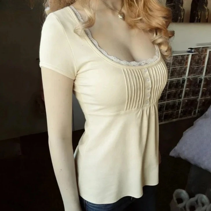 Elegant Sweet Retro Patchwork Buckle A-line Age Reducing Short Sleeved T-shirts Korean Girl U-neck Versatile Daily Top