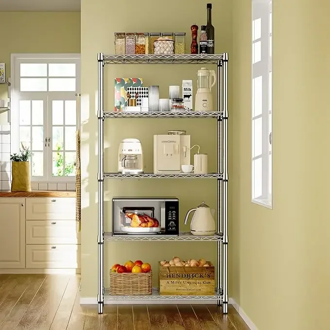 5 Tier Storage Rack Metal Wire Shelving Unit Storage Standing Household Shelf Organizer for Laundry Bathroom Kitchen