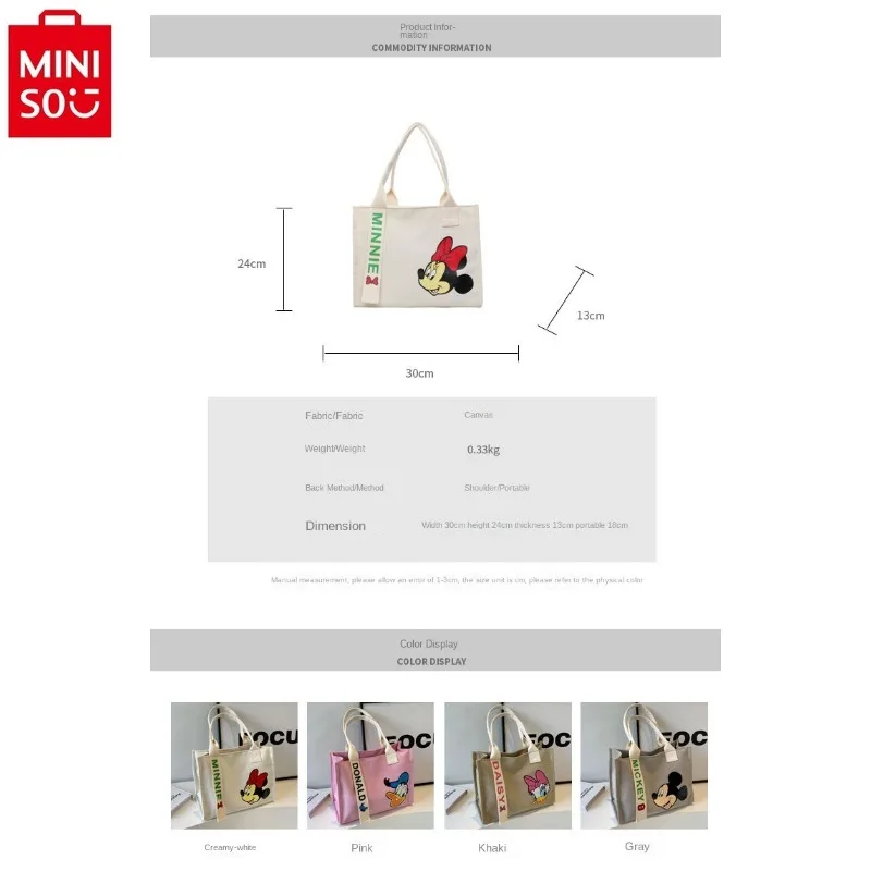 MINISO Disney High Quality Canvas Large Capacity Handbag for Women\'s Cute Mickey Donald Duck Printed Casual Storage Tote Bag