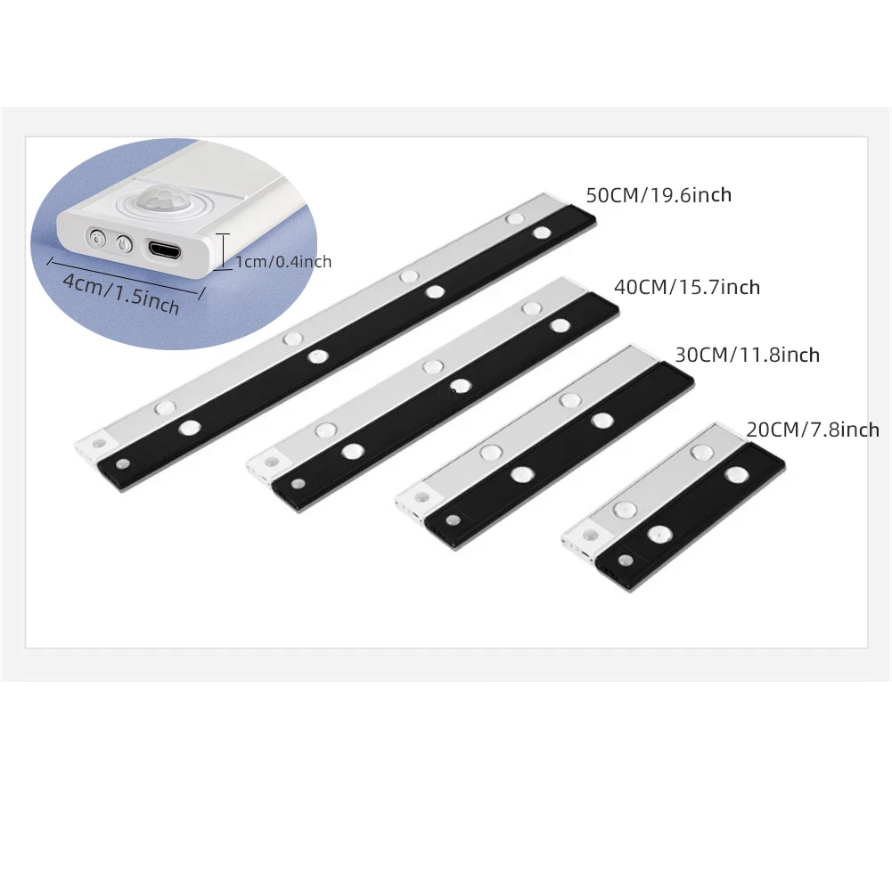 White/Black Cabinet Light USB Rechargeable Motion Sensor LED Light for Kitchen Wardrobe Cabinet Lighting 20CM/30CM/40CM/50CM