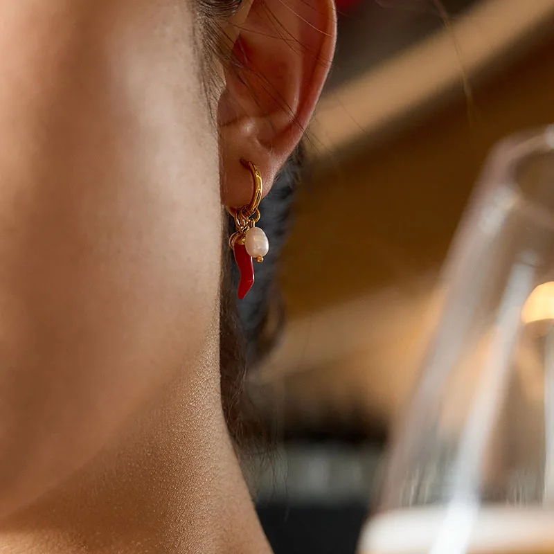 Red pepper pearl cz stone dangle hoop earrings stainless steel earrings funny creative stainless steel jewelry waterproof jewel