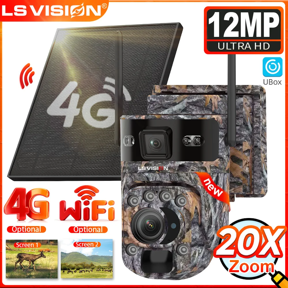 

LS VISION 12MP 4G SIM Solar Trail Camera 20X ZOOM Wireless Battery Camera Outdoor Hunting Wildlife Camera PIR Auto Tracking UBOX