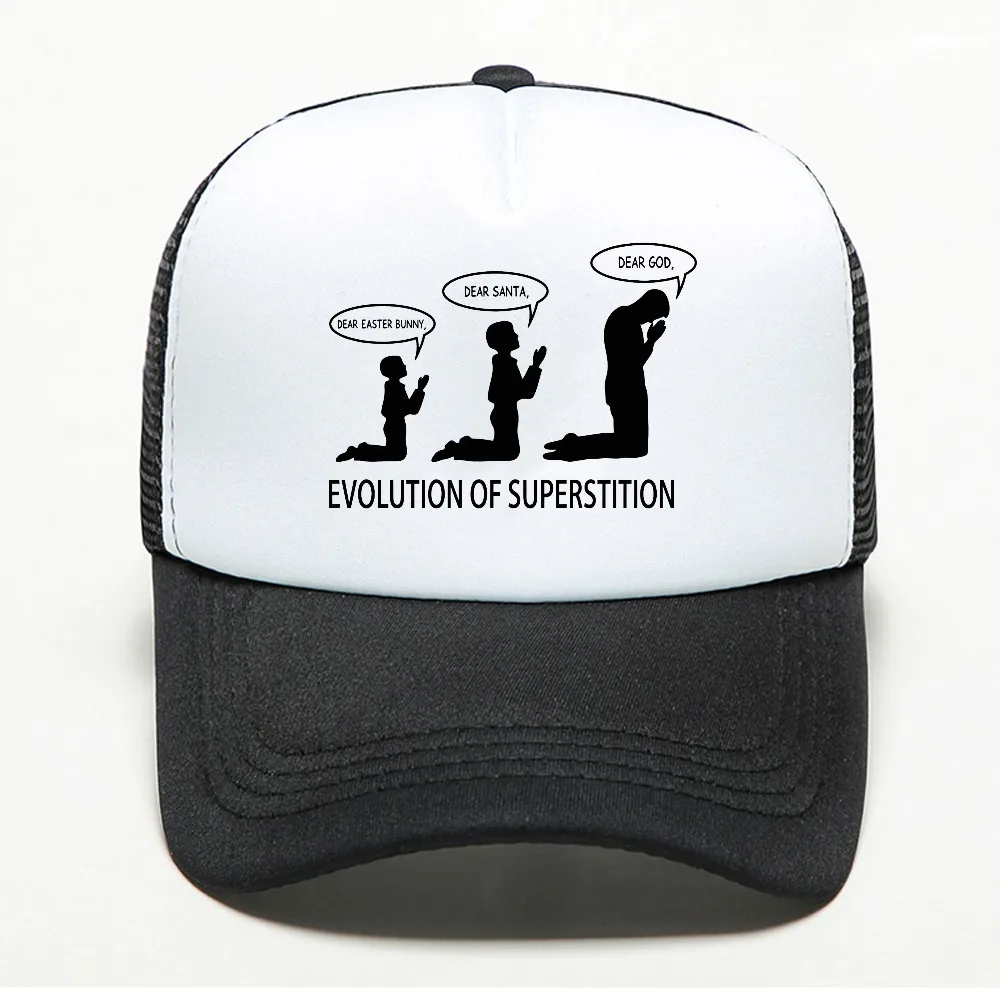 Evolution of Superstition hat Men Women Santa Easter God Atheist anti Religion Baseball Cap cool mesh breathable Trucker hats