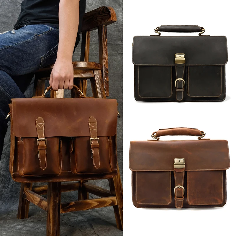 Men Genuine Leather Business Briefcase Cow Leather Messenger Shoulder Bag for 15 Inch Laptop Compute Bag for Man Bag Tote