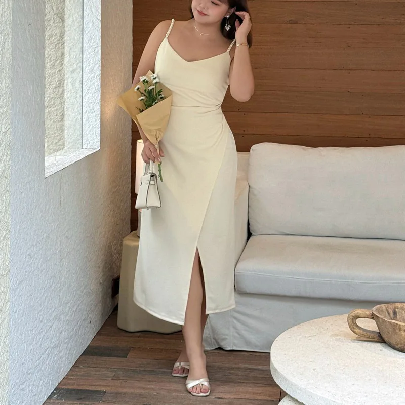 

High Quality Plus Size Black Birthday Dress Women Ruched Waist V Neck Slit Pearl Slim Cami Maxi Dress 9235