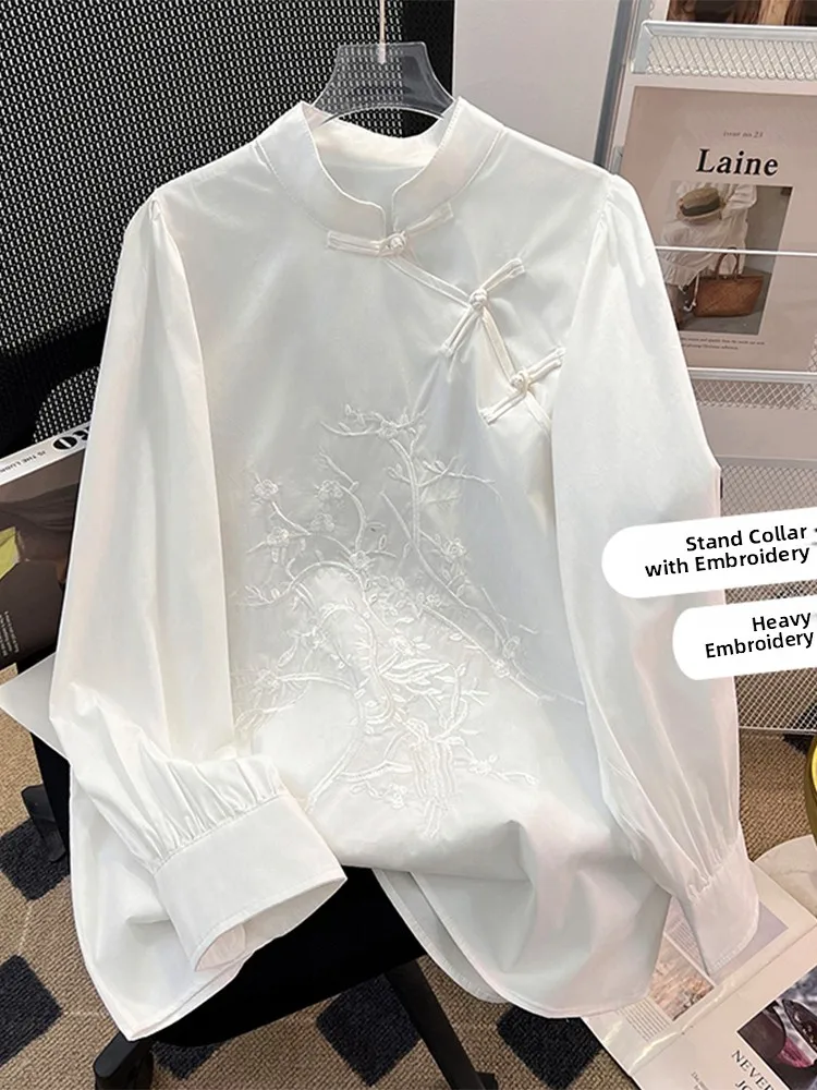 

Ele Белый вышитый irt, женский весенне-осенний элитный воротник-стойка в стиле ретро с тяжелой вышивкой и боковой пуговицей Tang S...