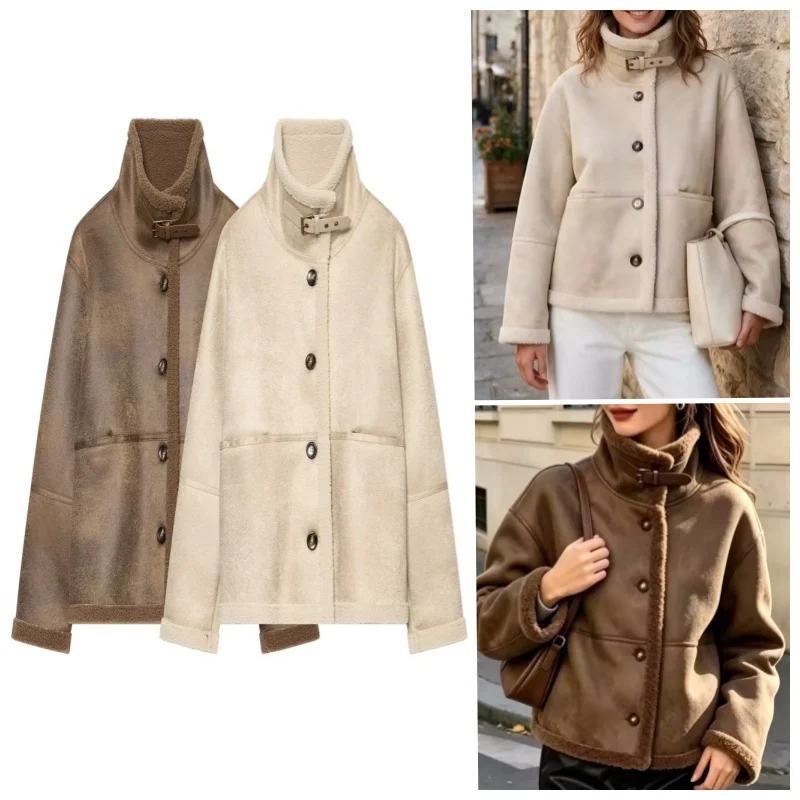 Guobioziy 2026 Women's New Lambskin and Shearling Stand Collar Jacket Fashionable and Versatile Elegant and Stylish Casual
