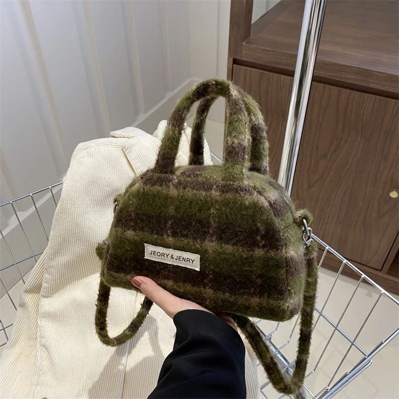 

Fashion Retro Plush Plaid Women's Shoulder Bag Casual Retro Ladies Woolen Crossbody Bags Female Change Purse Tote Handbags