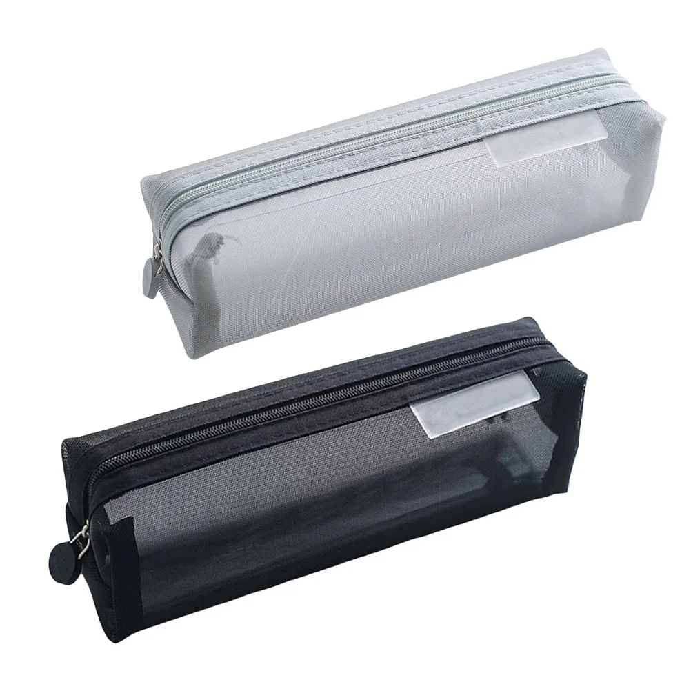 

2pcs Pencil Nylon Office Supply School Stationery Pouch Pen Organizer Mesh Design Portable Pen Holder Gift Grey Black