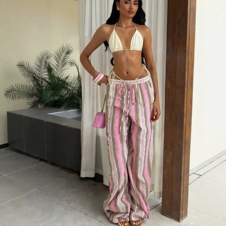 New Cross-border Striped Wide Leg Pants Women Summer Loose Vacation Casual Trousers Color Block Straight Pants Female