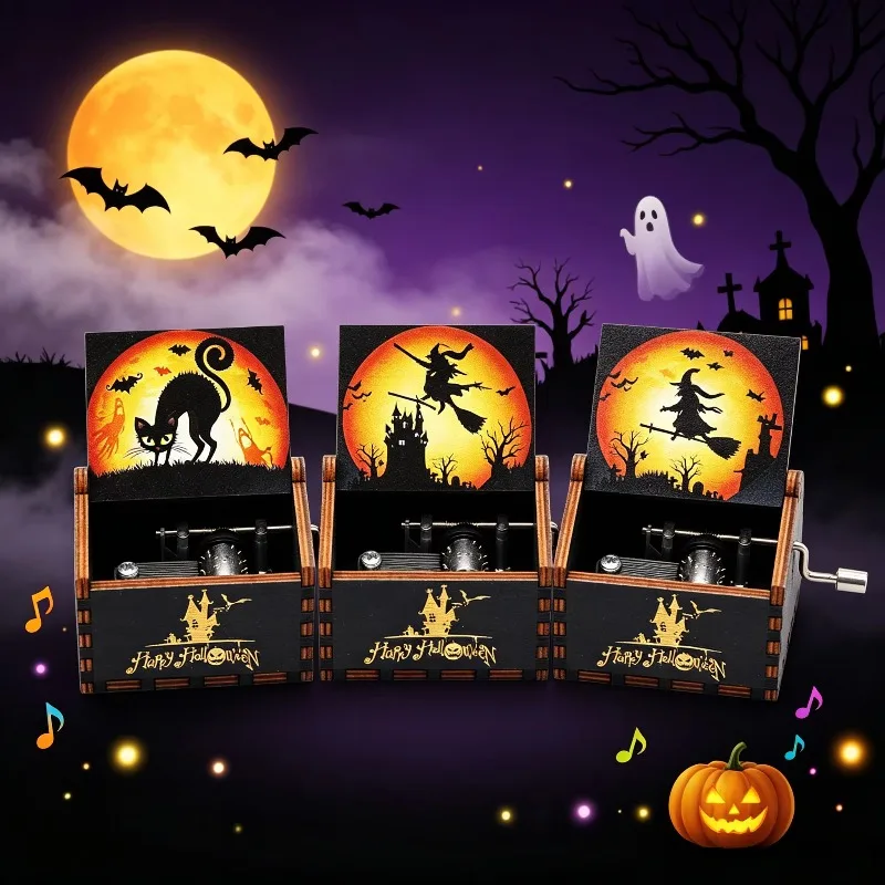 AAA Happy Halloween Series Hand Crank Wooden Music Box Vintage Engraved Wood Halloween Party Christmas Decor Holiday Collection