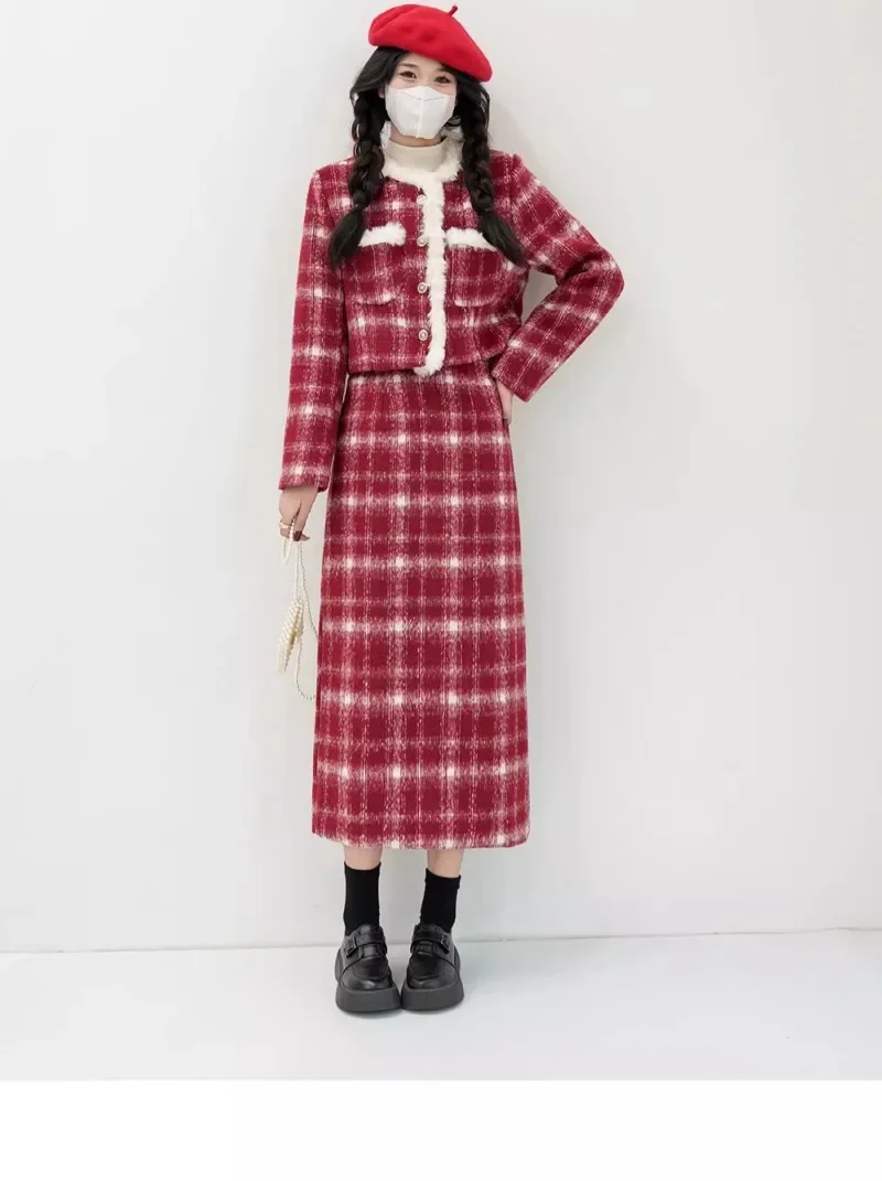 MiiiiX French Elegant Style Dress Sets Women Winter Suit Fashion Short Plaid Woolen Jacket Coat Long A-line Skirt Two-piece Sets