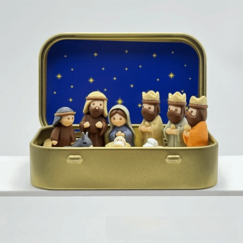 1 Set 3D Printed Christmas Nativity Set Metal Tin Box Mini Size Nativity Scene Portable Storage Case Christmas Manger Figurines