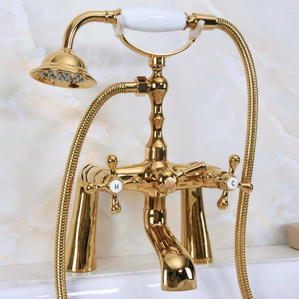 

Polished Gold Bathtub Faucets Telephone Style Deck Mount Bathtub Faucet with Dual Cross Handles Shower Mixer Tap Nna152