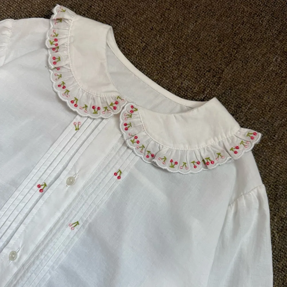 kids girl clothes baby tops girl shirt French style Cherry patterned embroidered large lapel Sweet and versatile shirt