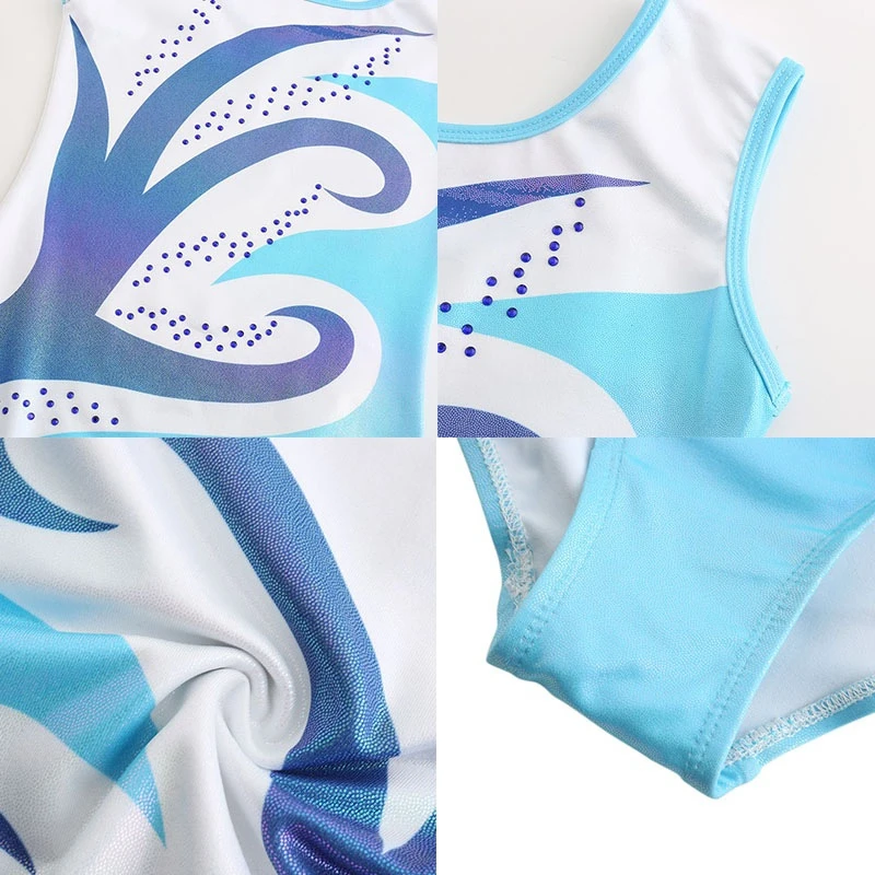 Gymnastic Suit With Body Shorts Hair Band Kids Girls Patchwork Printed Leotard Sleeveless Jersey Jumpsuit Tracksuit Gym Suit