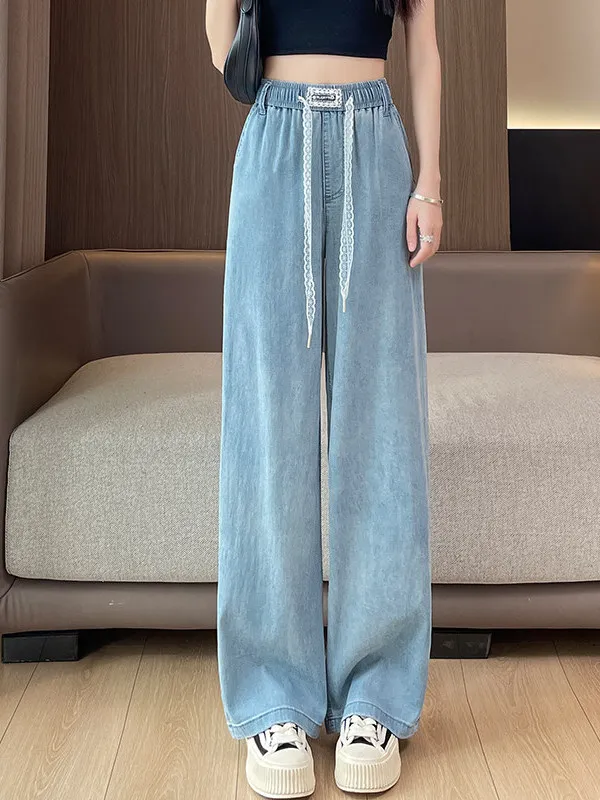 High Waist Straight Leg Silk Denim Jeans Thin Summer Wide Leg Casual High School Student Jeans Middle School Student Pants
