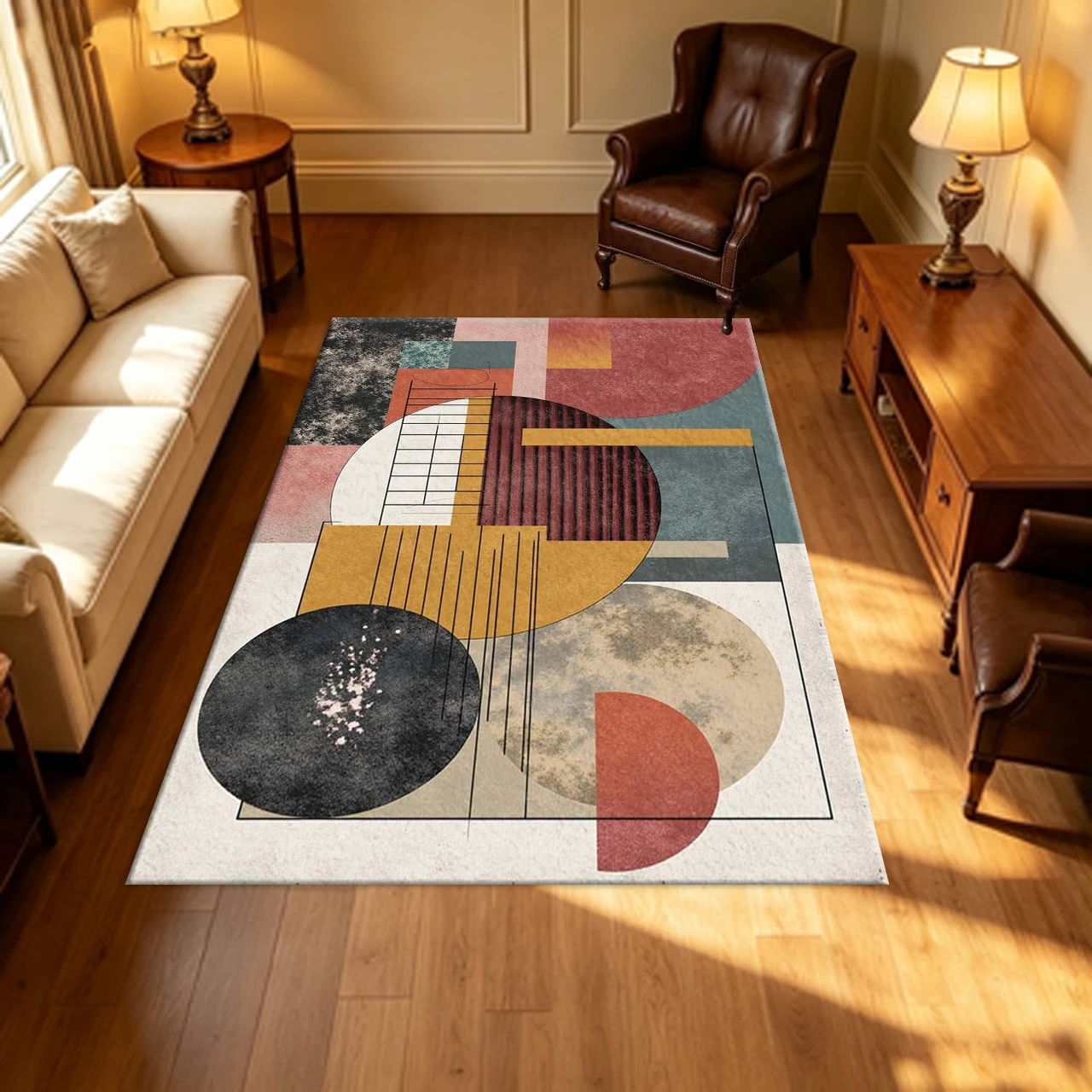 Mid Century Modern Abstract Geometric Carpet Flooring Retro Terracotta Mustard Black Shapes Household Indoor Decor Area Rug