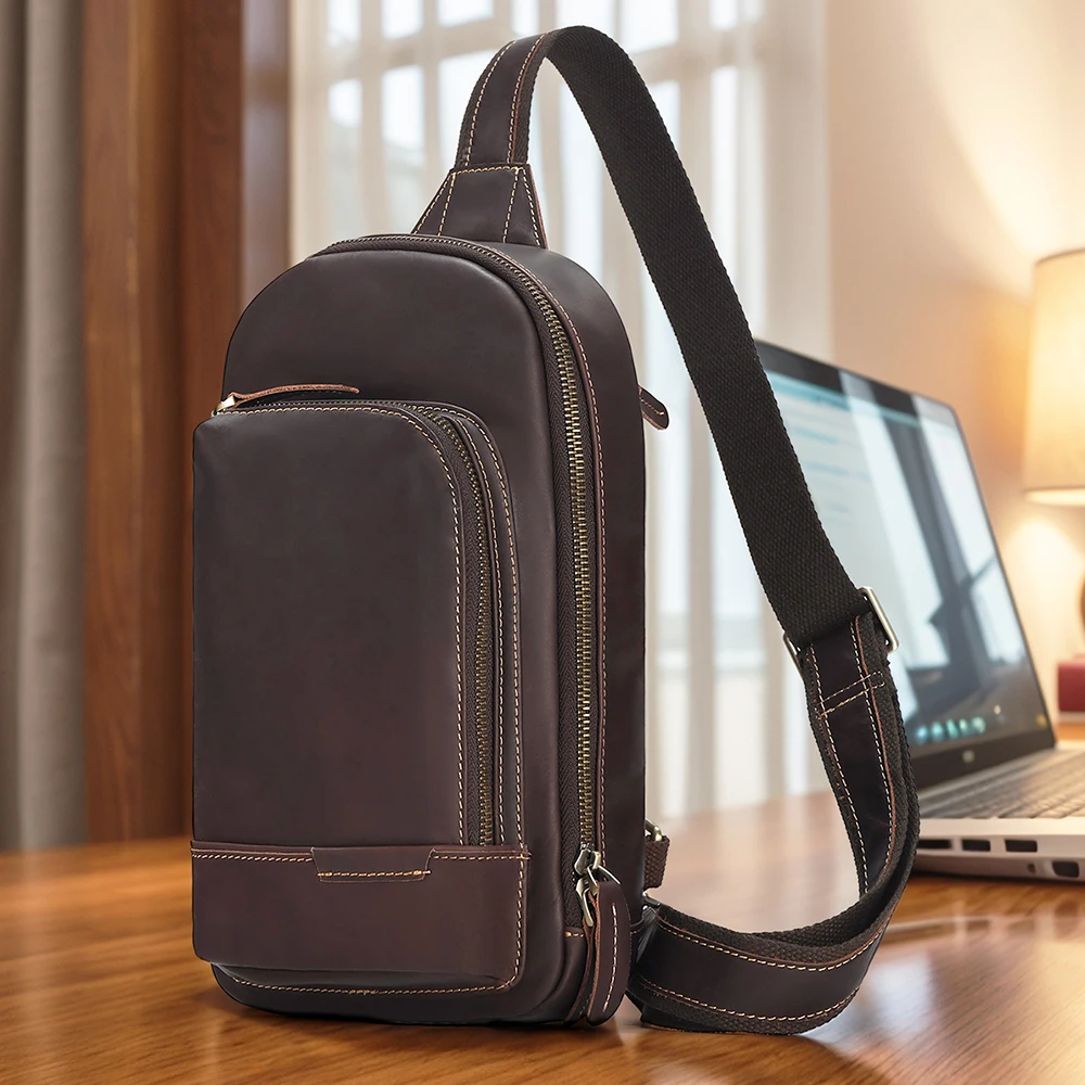 New crazy leather men's chest bag for outdoor travel large capacity crossbody bag retro and simple men's chest bag
