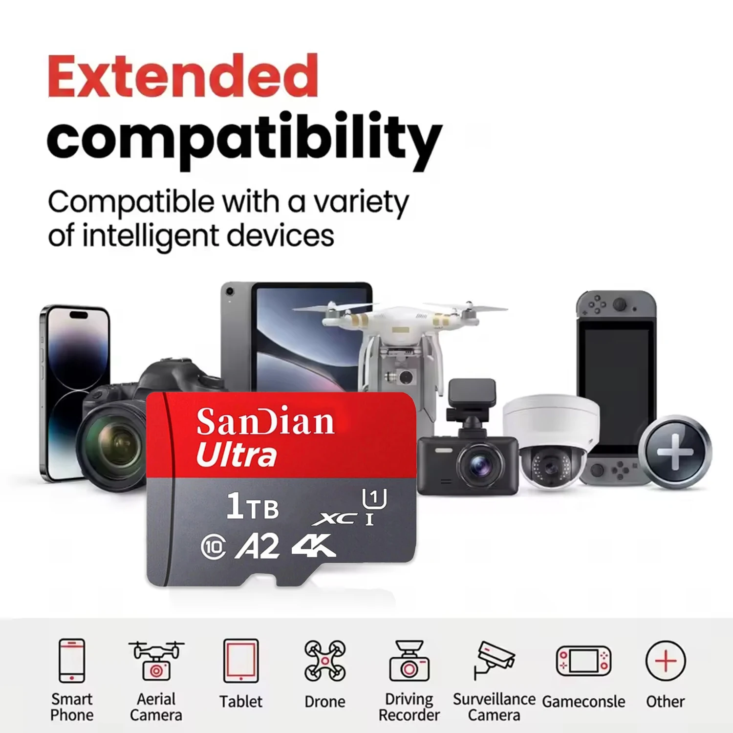 128GB 512GB Memory Card SD Cards High Speed TF Cards Micro SD Card 256GB 1TB 2TB A2 V30 X-Ray Proof Waterproof for Camera Phones