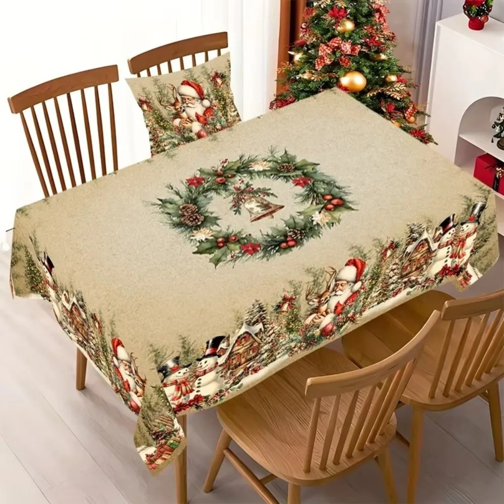 Polyester Christmas Tablecloth Round/Rectangle Santa Claus Print Christmas Table Cover Xmas Tablecloth New Year Celebration