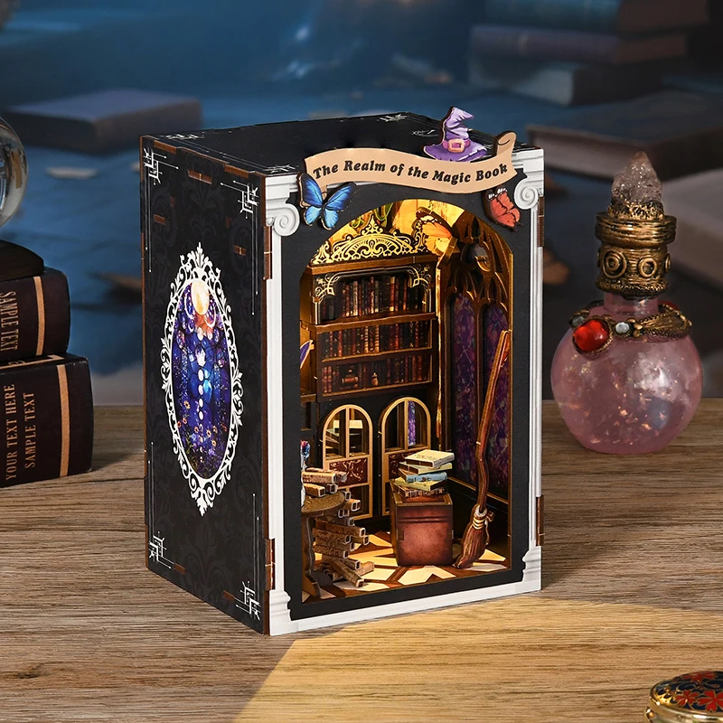 DIY Holz Buch Nook Figuren Miniaturen Kits Bücherregal Hause Buchstütze Dekoration Für Erwachsene Handgemachte Puppenhaus Spielzeug Weihnachten Geschenk