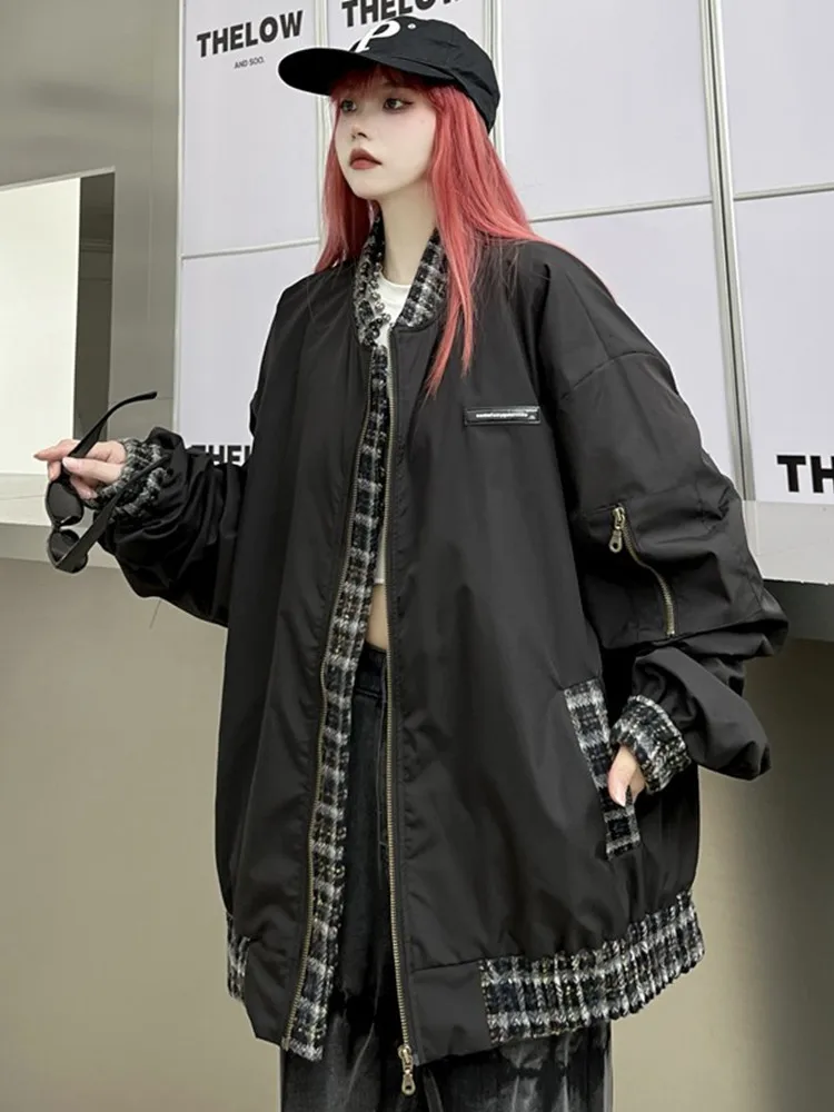 Patchwork parka donna Baggy stile giapponese High Street Harajuku semplice Slouchy All-match Preppy Hipster Chic autunno 2023