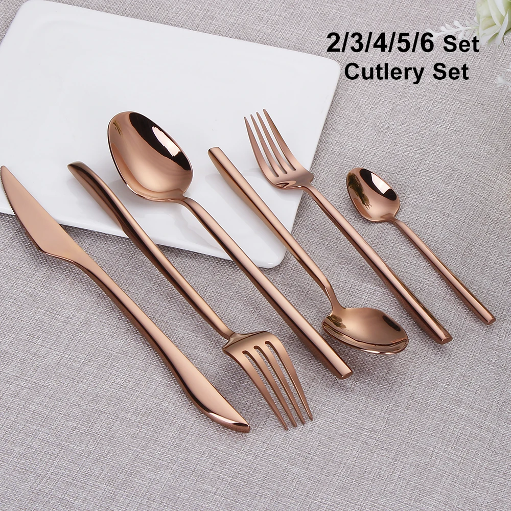 2/3/4/5/6 Set Cutlery Set Stainless Steel Tableware Rose Gold Dinnerware Mirror Knife Fork Spoon Set Kitchen Utensils Flateware