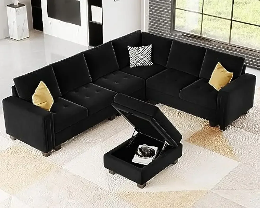 Velvet L Shaped Sofa Couch with Reversible Chaise Convertible Modular Sectional Sofa Set with Storage Ottoman Corner Sofa Set