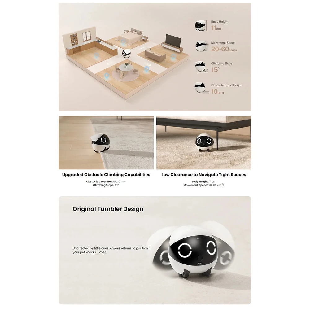 N05R ROLA Mini Pet Companion Robot 2K Camera Intelligent Robot Remote Monitoring Robot Wireless for Dog Cat Baby