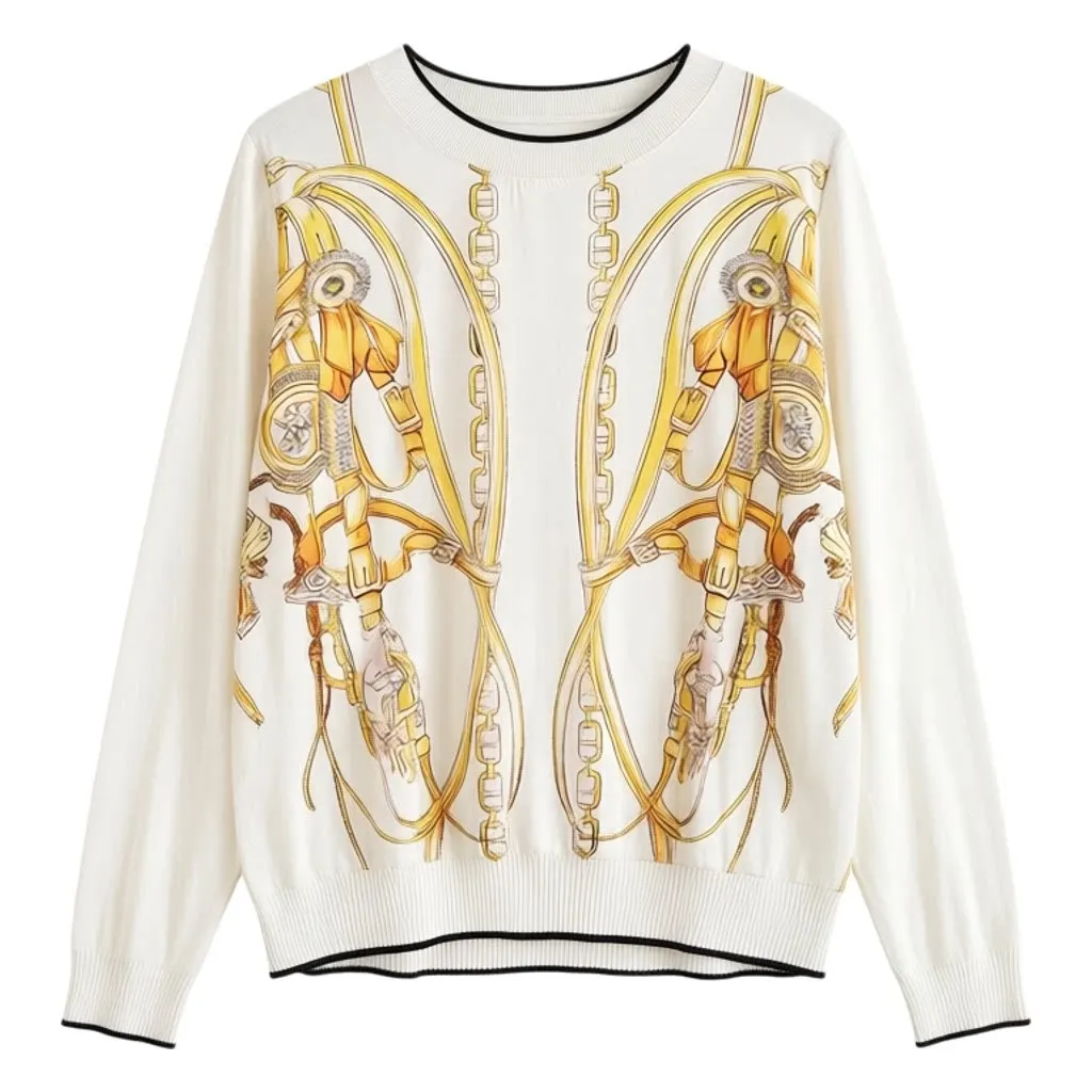Autumn High Quality Long Sleeve T Shirts Women Clothing French Style Brand Designer Knot Printed O Neck Tops Female Knitwear
