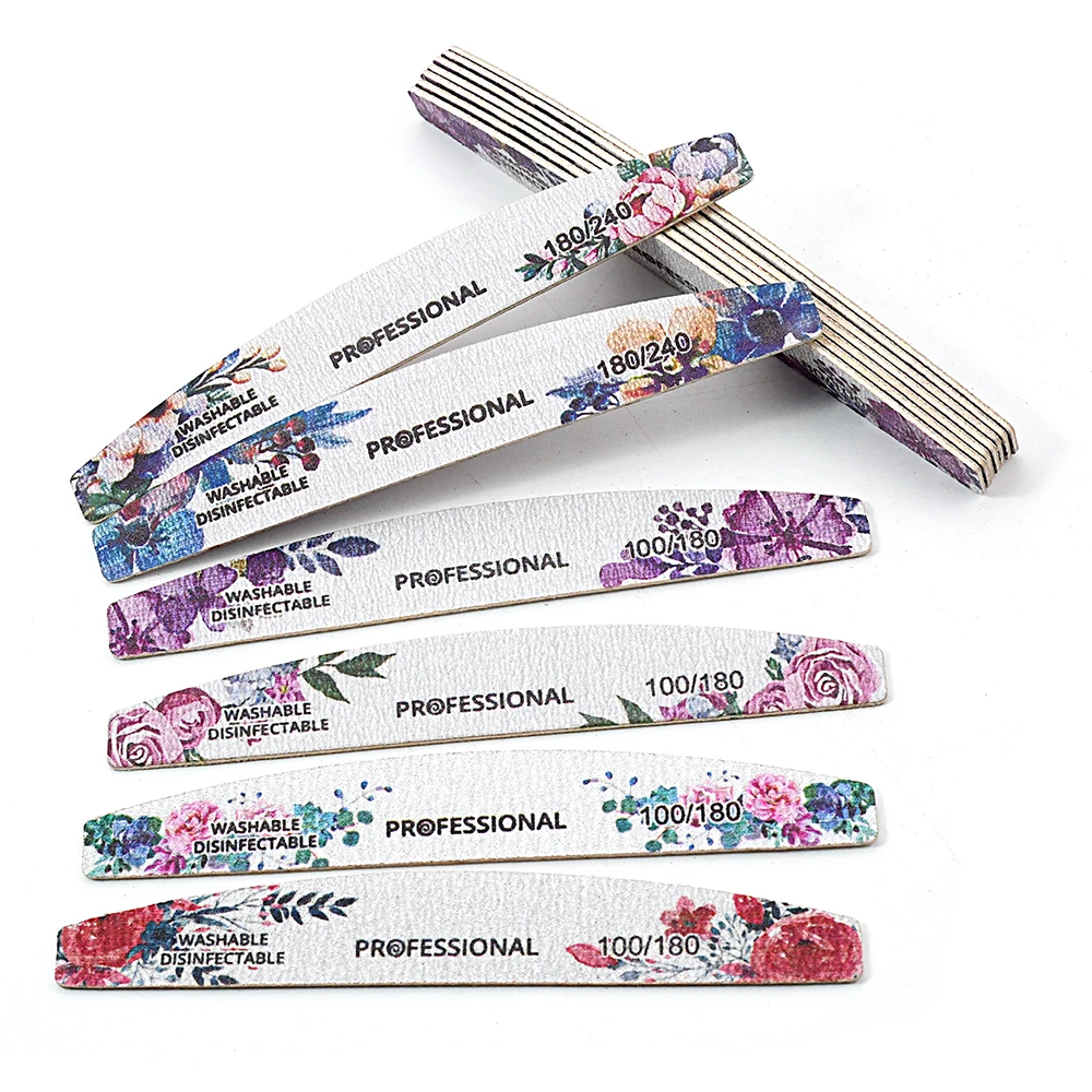 10/20pcs Mix Flower Colorful Wooden Nail File 100/180/240 Grit Gel Polishing Manicure Washable Durable Sharpening Nails Tools