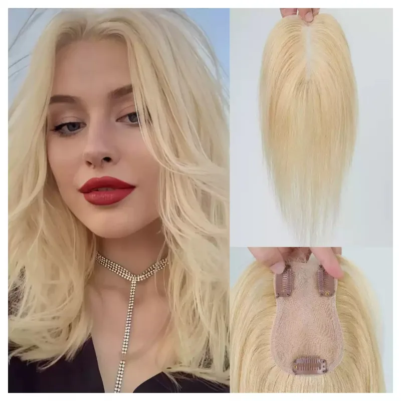 Real Human Hair Topper Blonde Side Bangs Hand Tied Lace Crown Hairpiece Clip in Hair Extensions for Women Thinning Hair