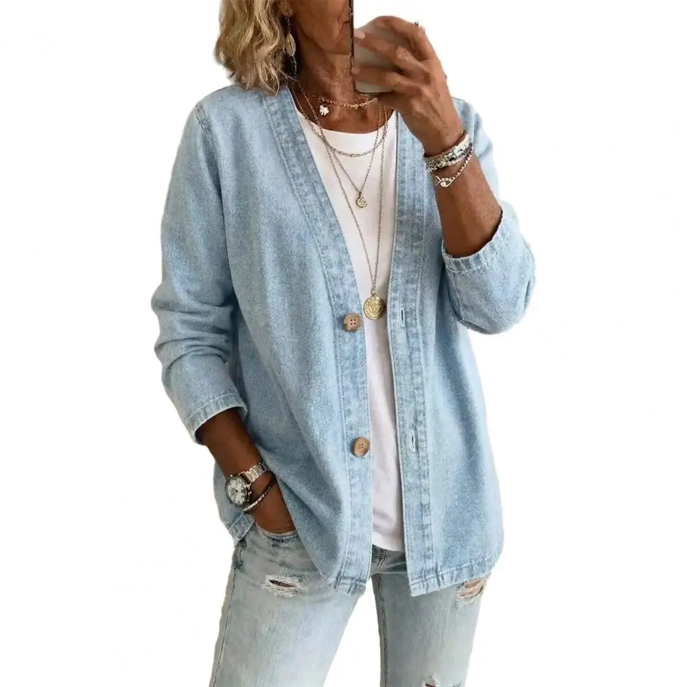 Retro Style Women Jacket, Flexible Fit V Neck Long Sleeve Casual Coat, Stylish Vintage Loose Fit Imitation Jeans Cardigan