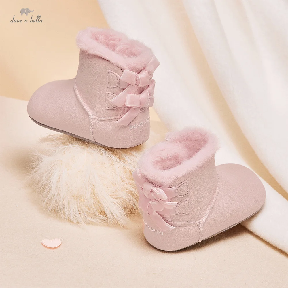 

Dave Bella Детские короткие сапоги Зимняя мода Розовые толстые и плюшевые нескользящие туфли для малышей с бантом Ботинки для девочек Снежные туфли DB4254513