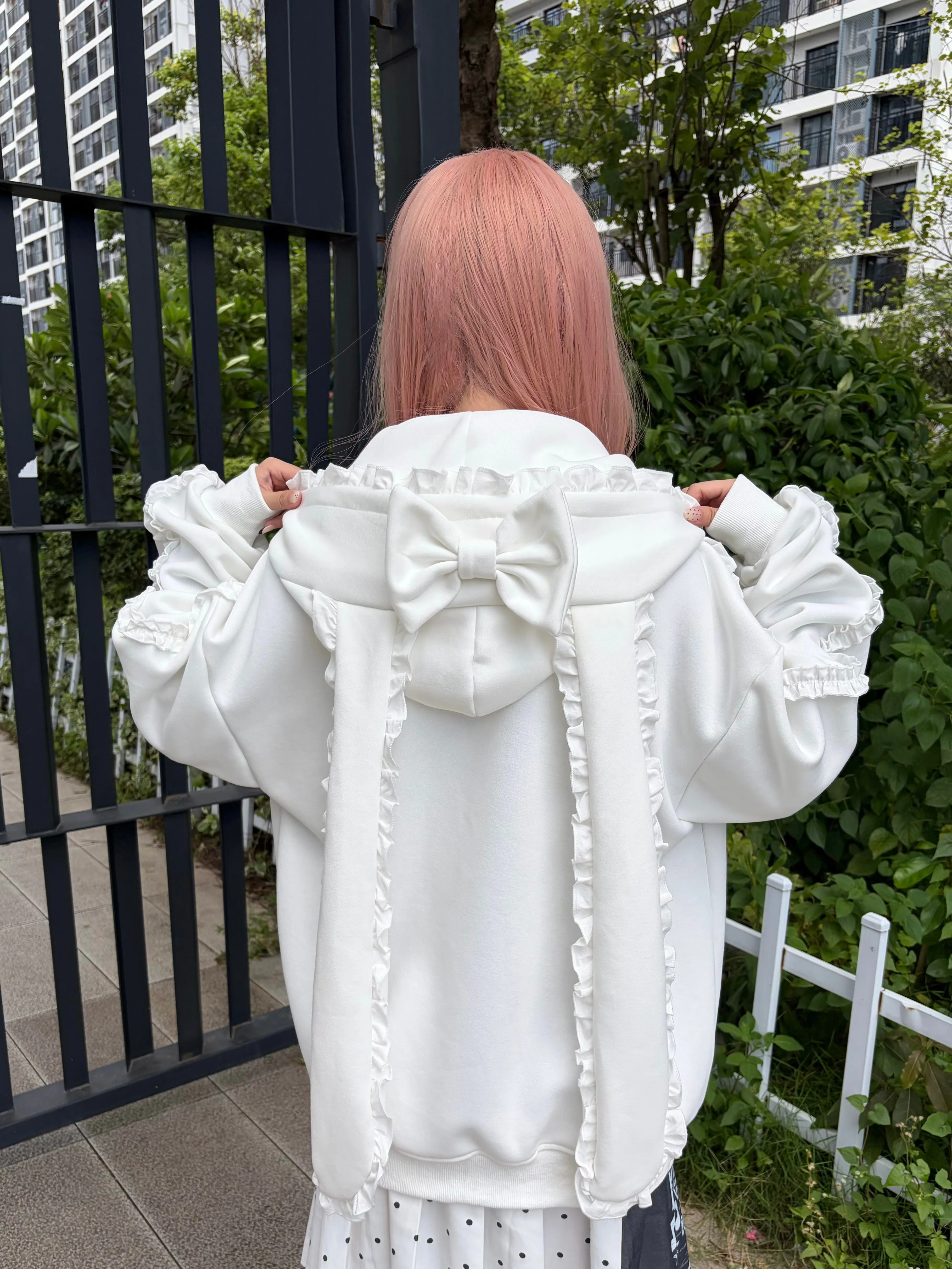 Lace Splicing Cross Embroidered Printed Hooded Cardigan Zipper Rabbit Ear Sweatshirt Jacket Sweatshirt Hoodie