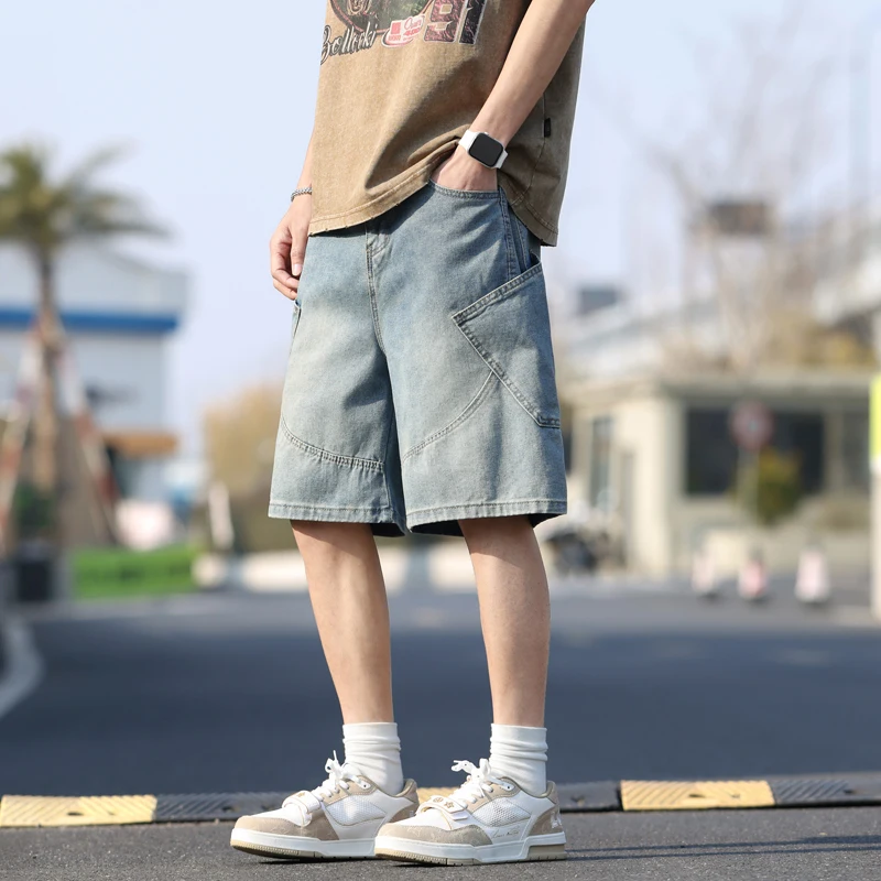 メンズヴィンテージルーズデニムショーツ Y2k ファッションカジュアルオーバーサイズショートカーゴパンツ夏の新ストリートストレートショートジーンズ男性