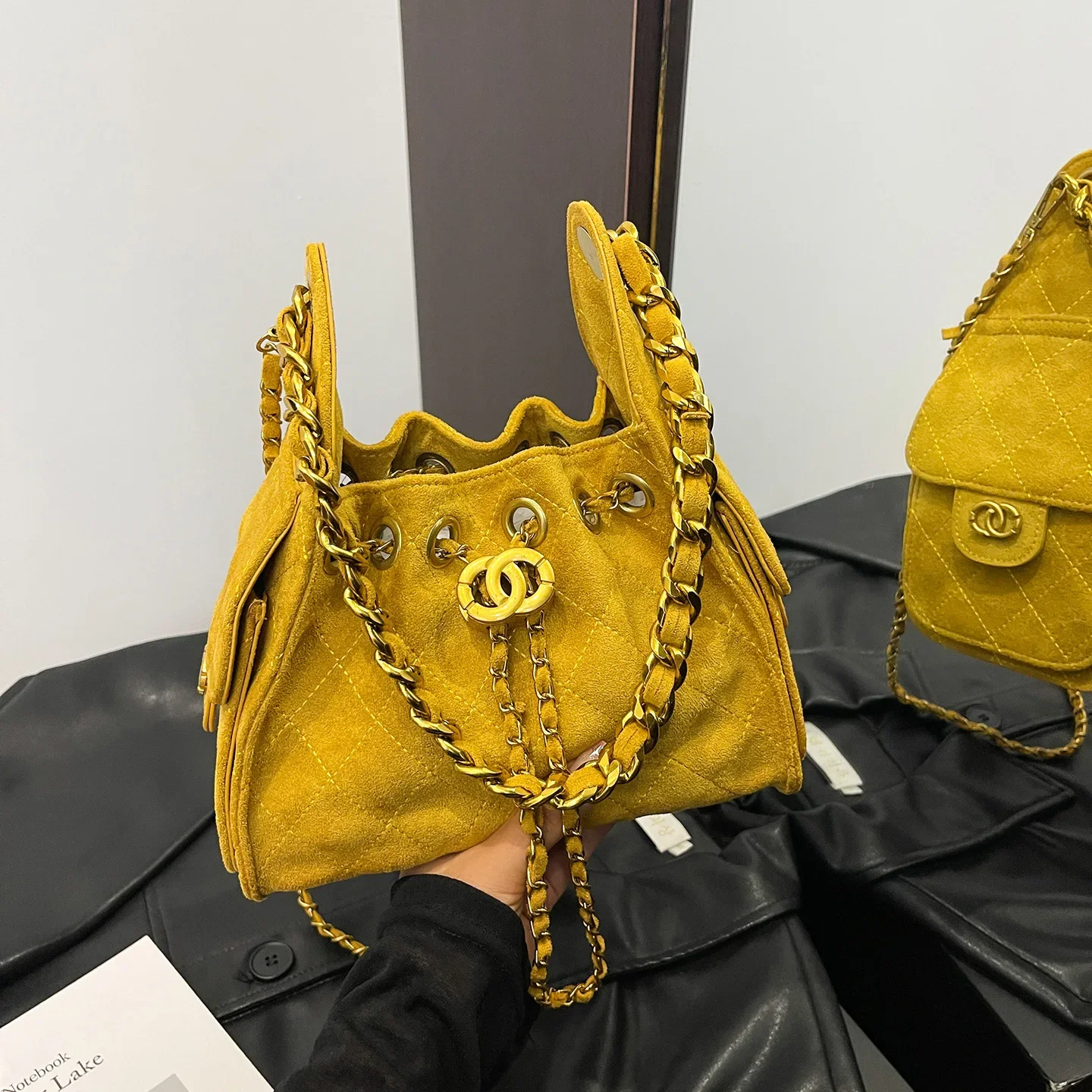 

Women's Fashionable Frosted Drawstring Bucket Bag Double Underarm One Shoulder Tote Bag