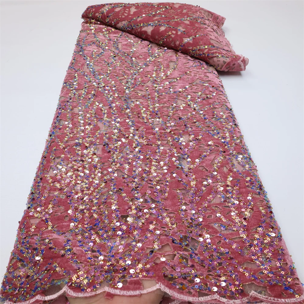 

African Velvet Sequins Lace Fabric 2025 High Quality Nigerian Handmade Beaded With Pearls Lace Fabric For Woman Party Dress Sew